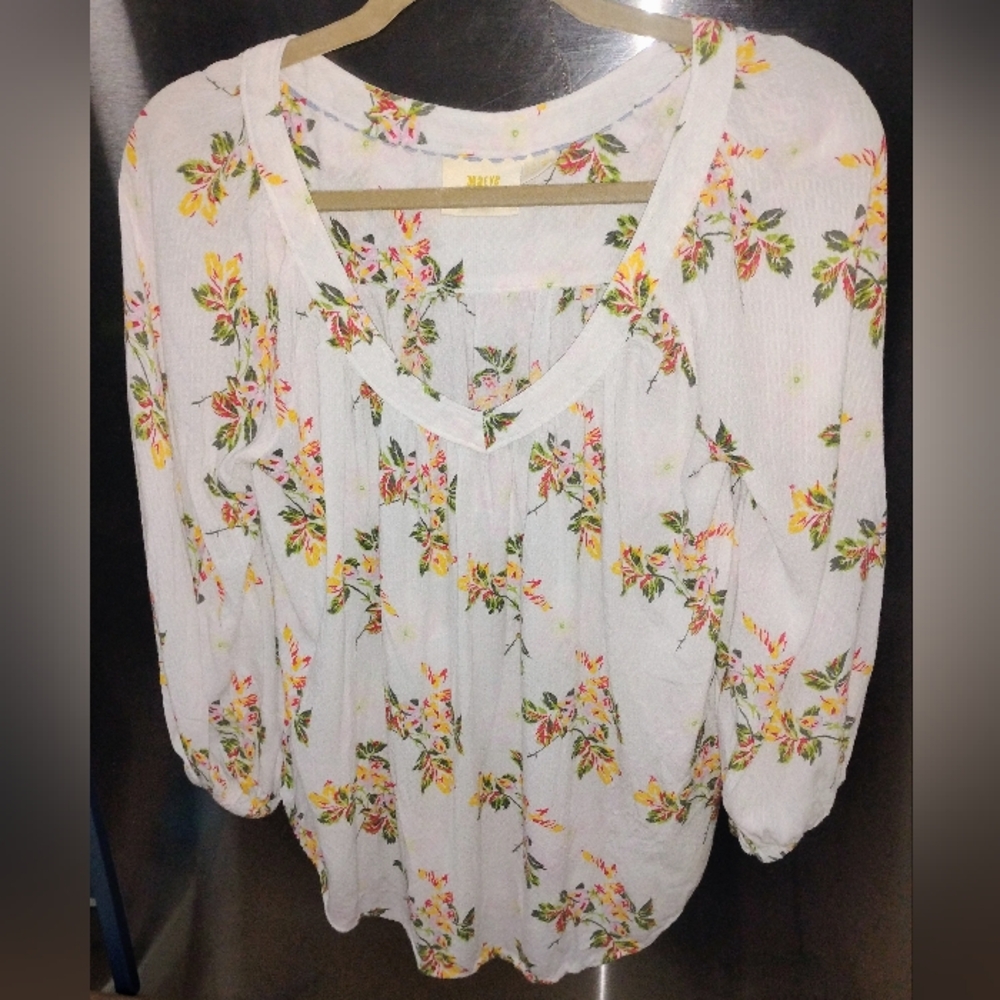 Maeve Anthropologie Ivory Floral V Neck Top 14